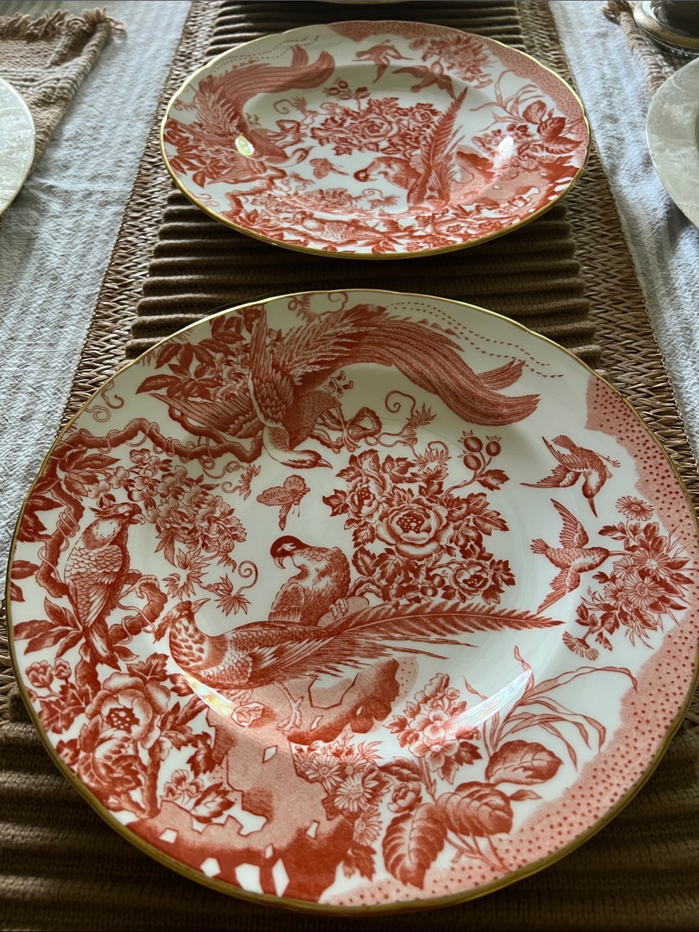 Royal Crown Derby English Bone China Red Aves Dinner Plates. Set of 6.